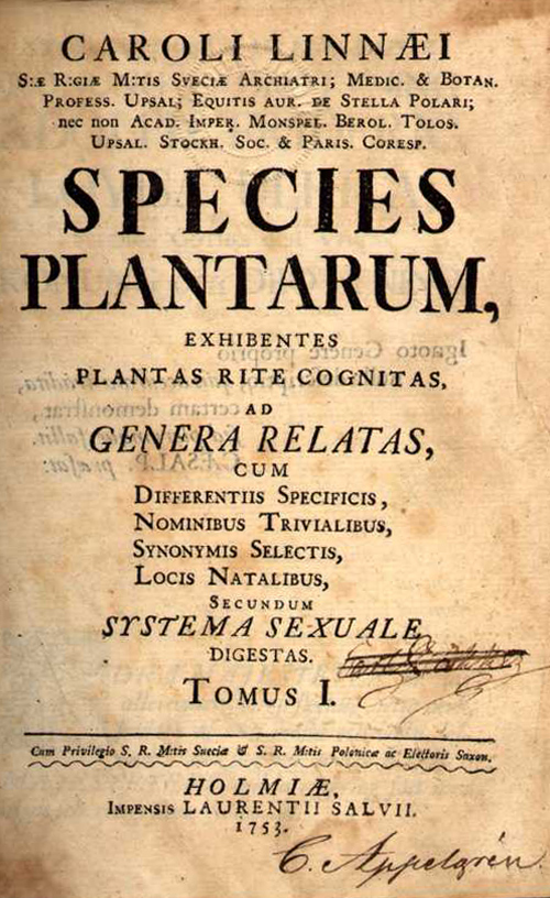 Cover page of Species Plantarum, the first published modern Flora